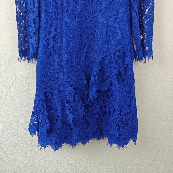 ELIZA J NWOT Cobalt Blue Sheer Lace Ruffle Peplum 3/4 Sleeve Cocktail Dress Sz 6 - Picture 6 of 14